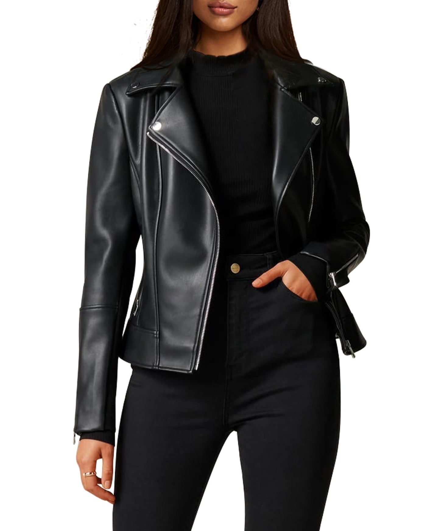 Women Leather Jacket, Buttery Soft Faux Leather Motorcycle Moto Biker Short Jacket, Stretchy Long Sleeves Asymmetrical Closure Zipper Rivets Pocket Classic Stylish Coat, Medium, Black