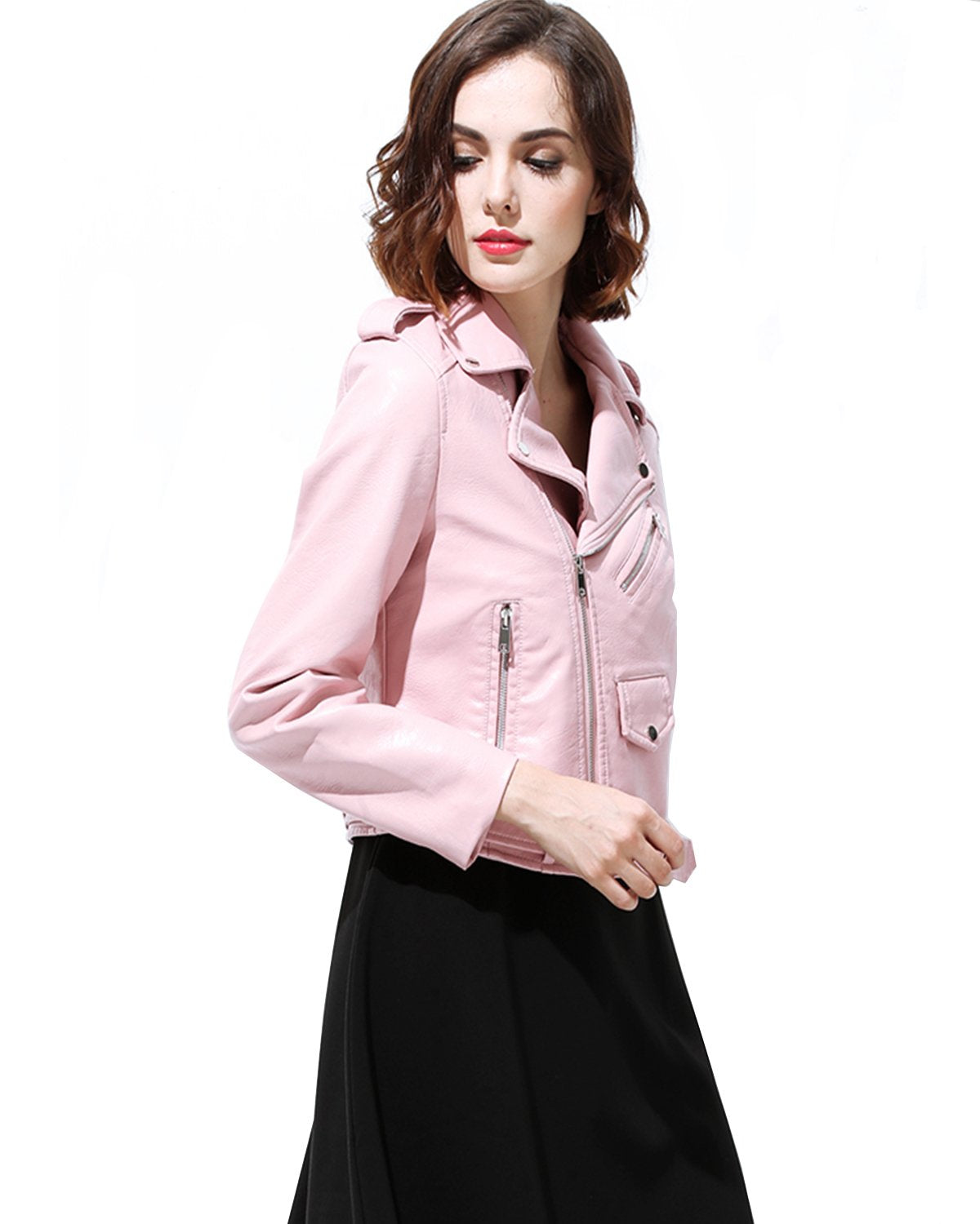 LY VAREY LIN Women's Faux Leather Motorcycle Jacket PU Slim Short Biker Coat (L, Pink)