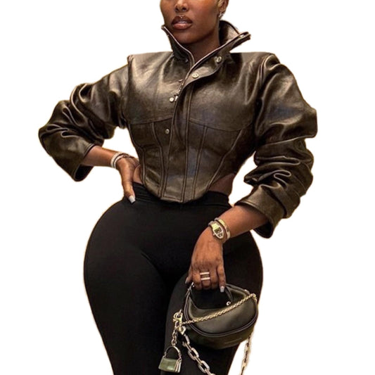 YOUFE Women Faux Leather Jacket Retro Zip Up Motorcycle Long Sleeve Crop Bomber Jacket Y2K Irregular Leather Coat Streetwear