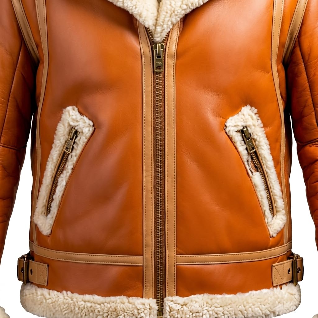 Men’s Ginger Orange Sheepskin Aviator Bomber Jacket – Sherpa Shearling Faux Fur Lined Winter Pilot Leather Outerwear (US, Alpha, Large, Regular, Regular, Ginger Orange)