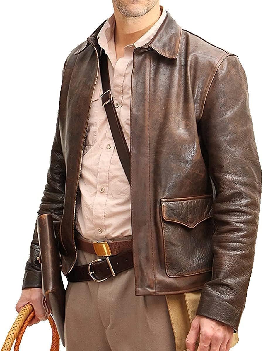 Men's Raiders of The Lost Ark Brown Leather jacket | Brown distressed Leather Jacket Harrison American Bomber Leather Coat (D2 Brown, 3XL)