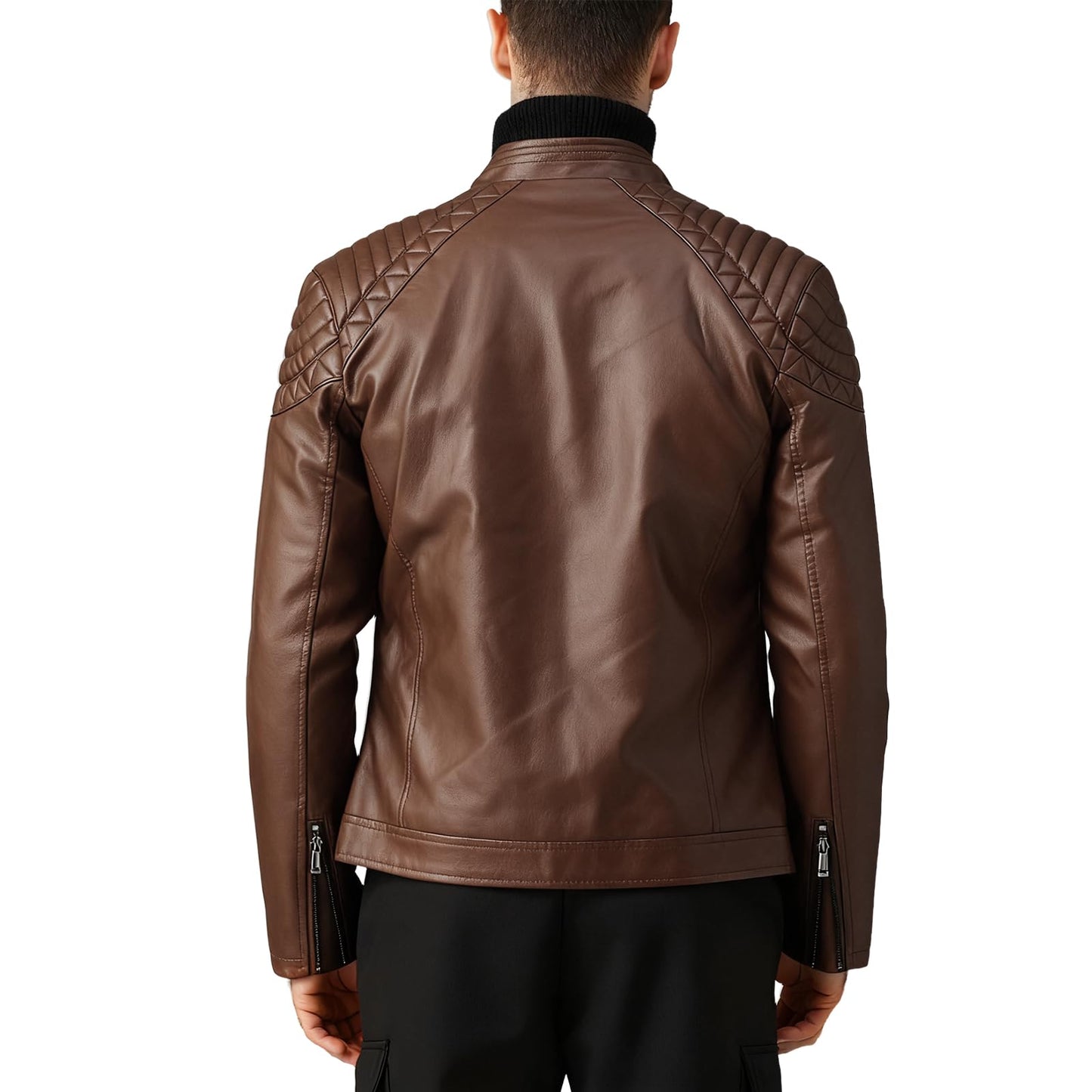 LEDUNTINO Men's Stand Collar Winter PU Faux Leather Jacket Fleece Lined Zip-Up Motorcycle Bomber Jacket Slim Fit Biker Coat Coffee Large