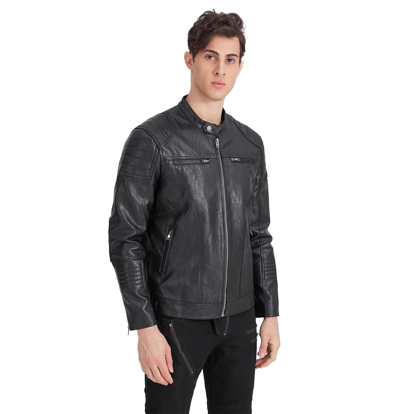 TZMAPU men's motorcycle PU leather jacket Punk style standing collar short jacket (Large, Black)