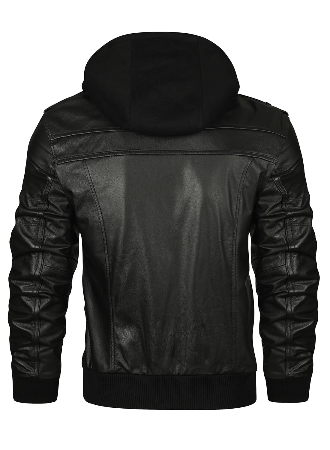 HOOD CREW Men’s Genuine Cowhide Leather Jacket Black Hooded Motorcycle Biker Jacket for Men