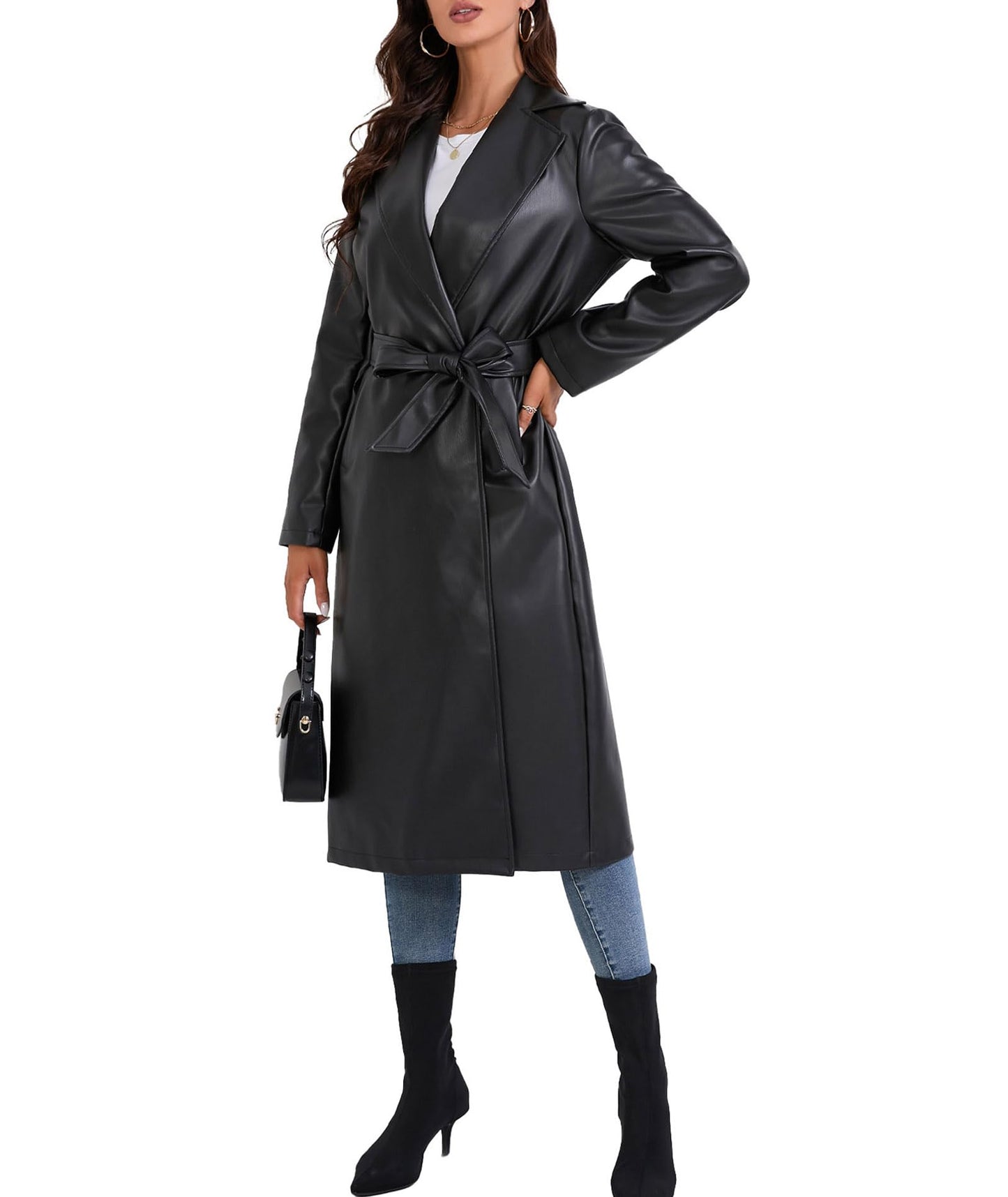 xxxiticat Women's Leather Trench Coat Long Sleeve Open Front Motorcycle Lapel Belted Tie Long Black Faux Leather Jacket(BL,S)