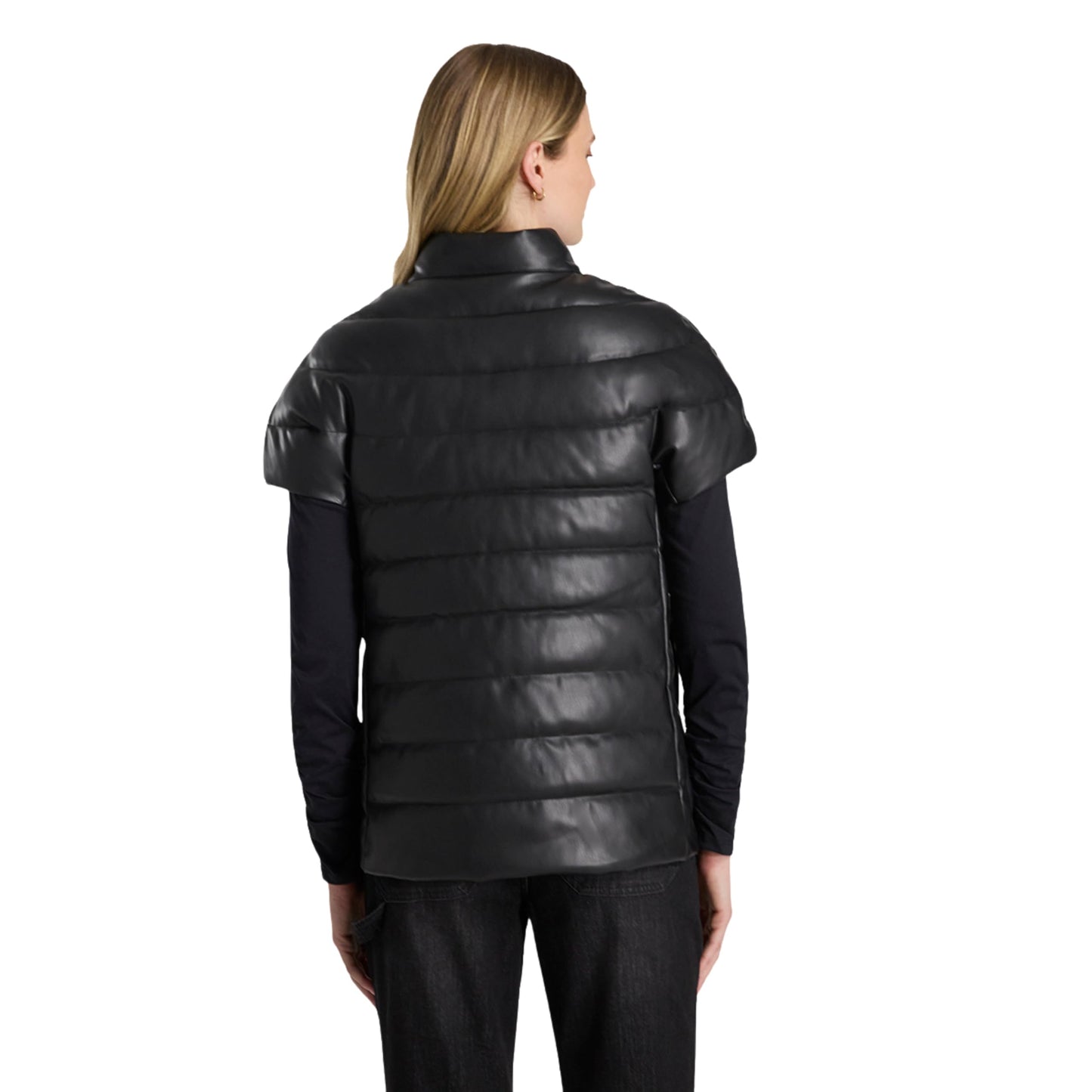 Martha Stewart Women's PU Quilted Puffer Vest, Lightweight Down Outerwear, Sleeveless Faux Leather Zip Up, Black, L