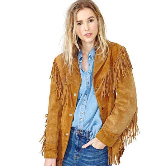 Quality Supply Western Genuine Leather Suede Jacket Women Cowlady Native American Ladies Fringe Cowgirl Jacket with Tassels-L