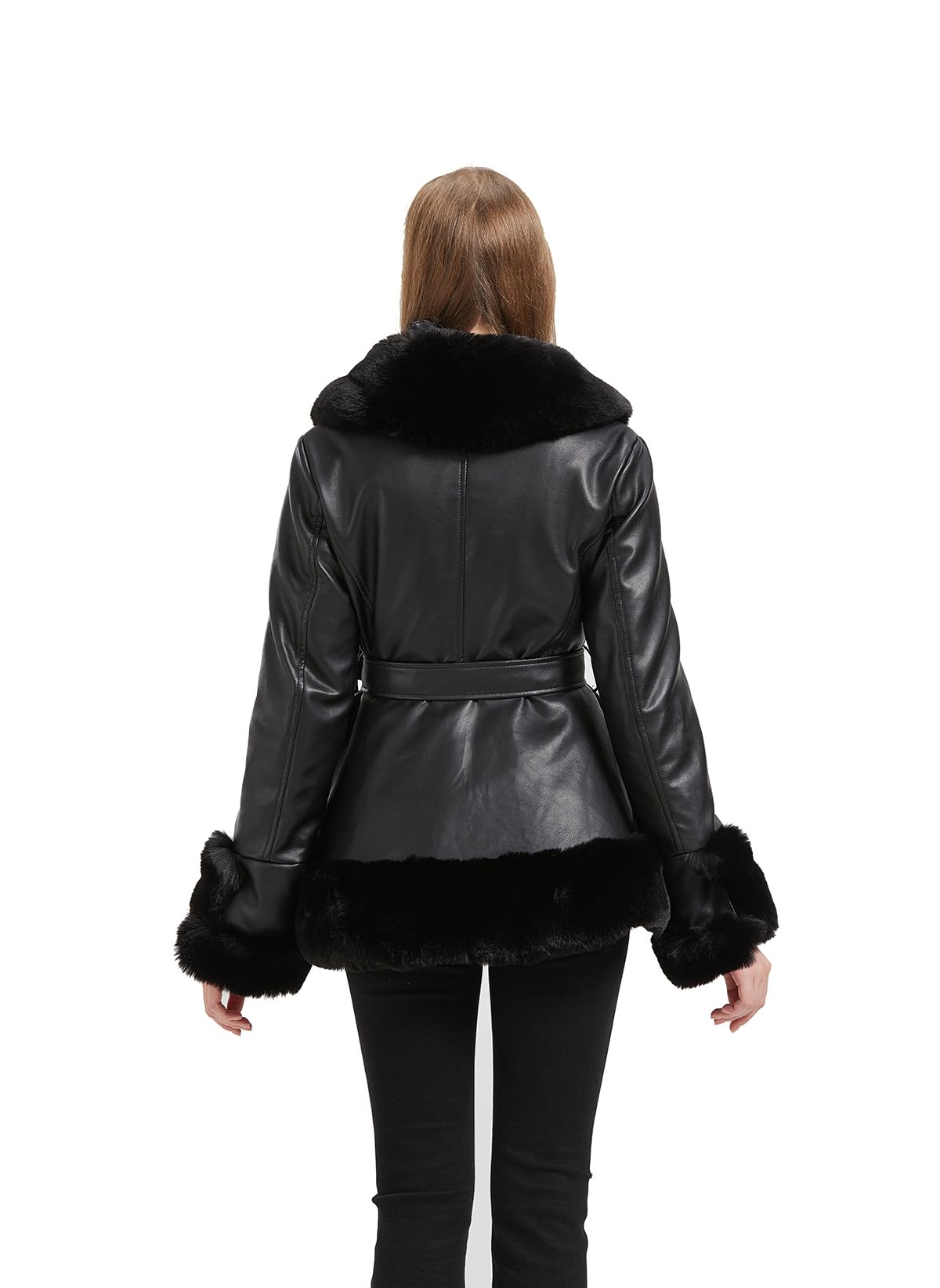 GRAN ORIENTE Faux Leather Jacket for Women with Faux Fur Collar Long Sleeve Fuzzy Parka Overcoat with Warm Trimmed Winter Peplum Coat Belted (GK007 Black M)