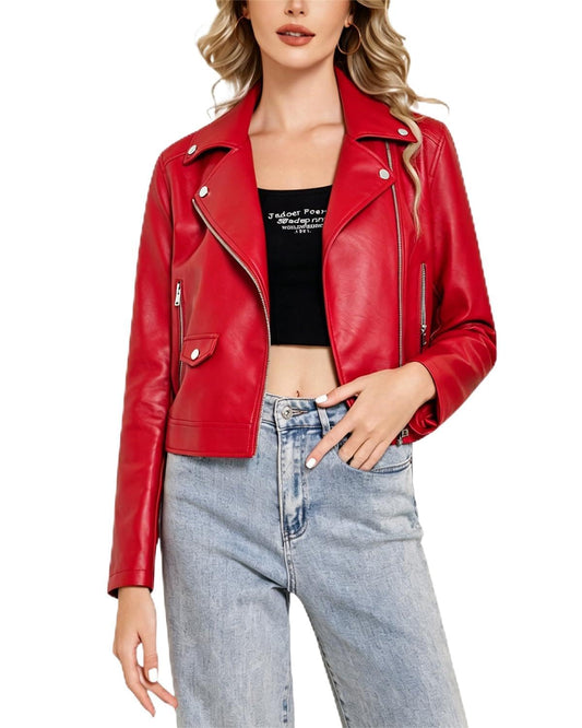 WYOYW Faux Leather Jacket Women Cropped Motorcycle Biker Outwear RD L