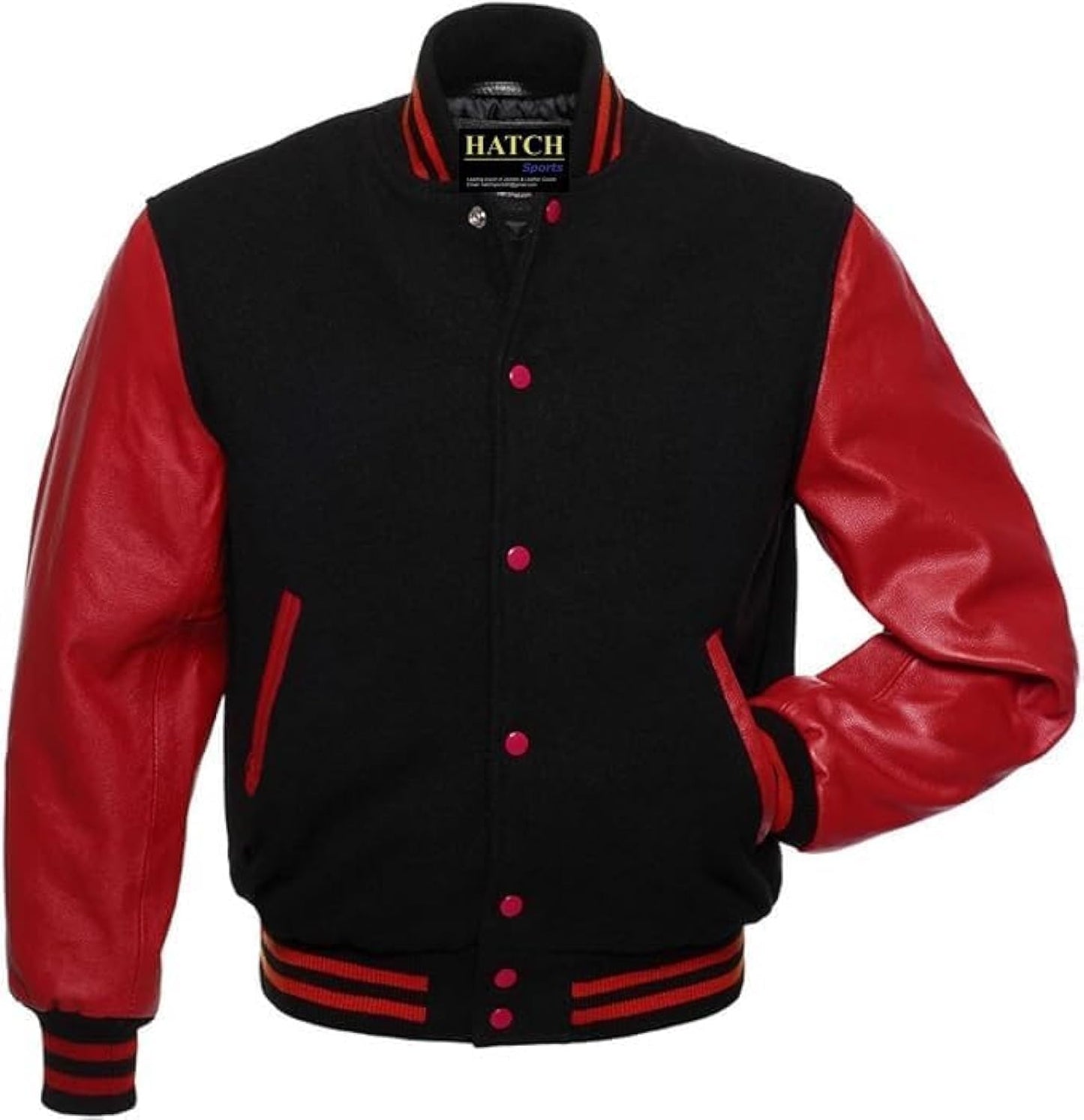 Hatch Sports Men's Classic Varsity Jacket Genuine Leather Sleeve and Wool Blend Letterman Boys College Varsity Jackets (US, Alpha, XX-Large, Regular, Regular, Black Red)
