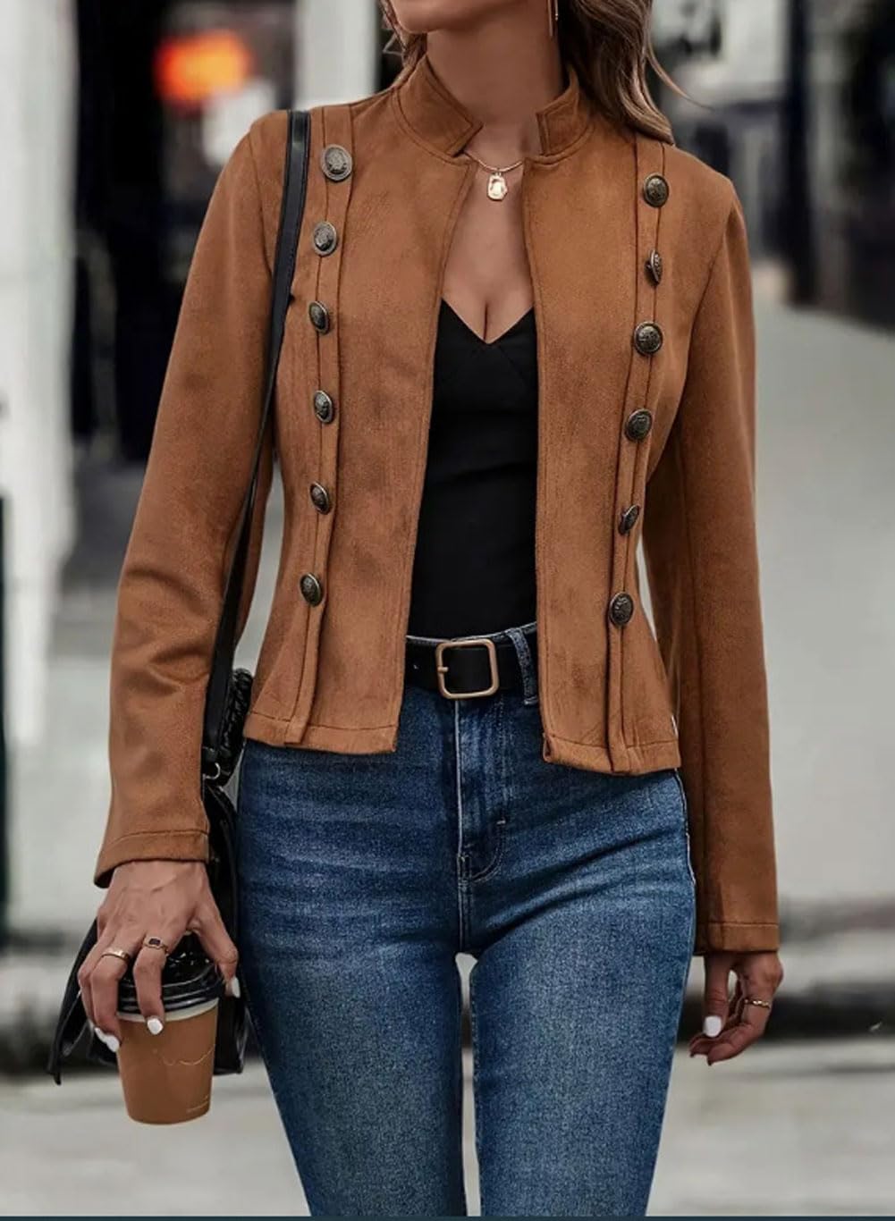 utcoco Women's Faux Suede Leather Jacket Casual Long Sleeve Blazer Jacket Coat 2025 Fall Outfits (Medium, Brown)