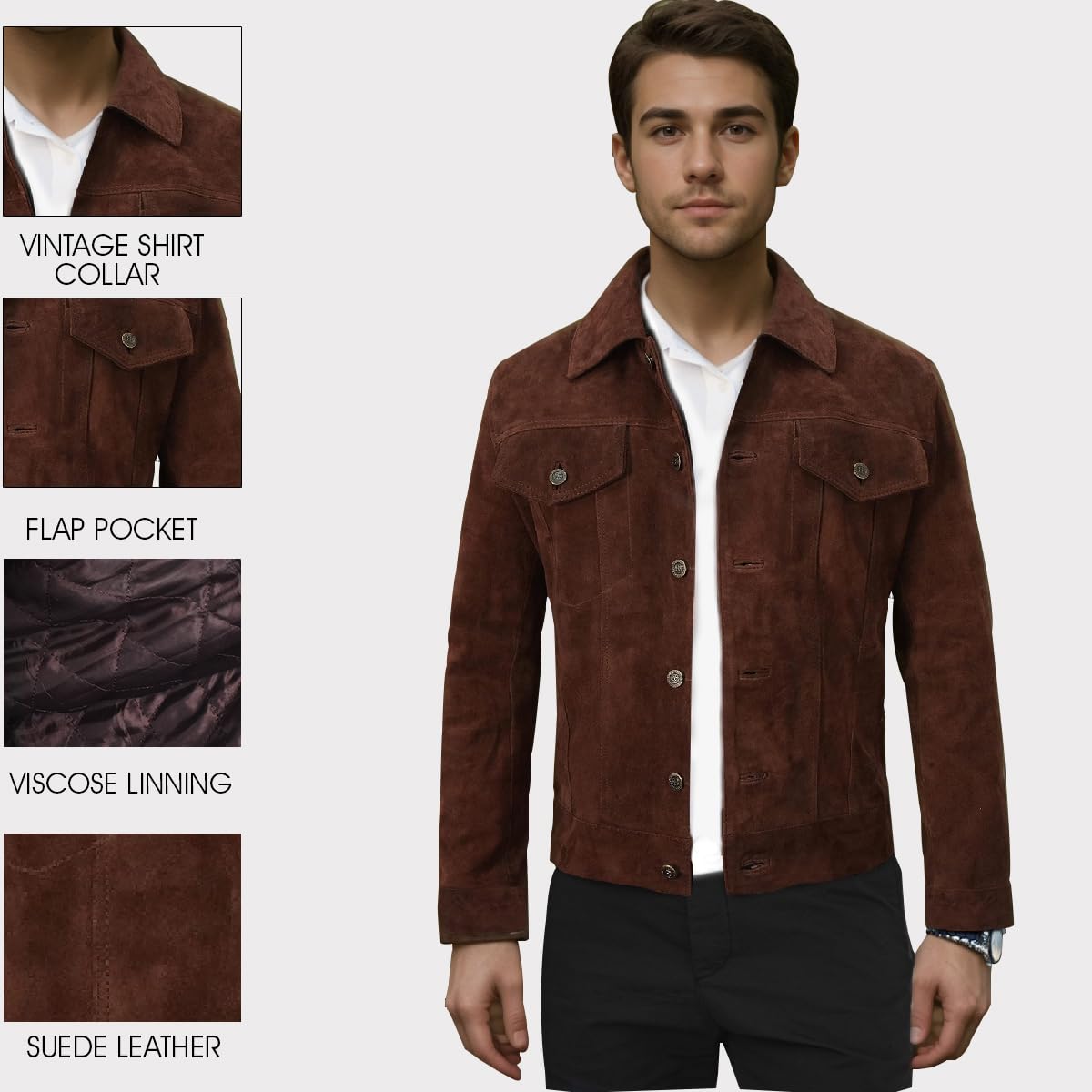 III-Fashions Premium Brown Suede Leather Biker Trucker Jacket - Vintage Classic Western Trucker Geniune Suede Jacket (Logn, Dark Brown XXL) - chaqueta cuero hombre - Real Leather Jacket For Men