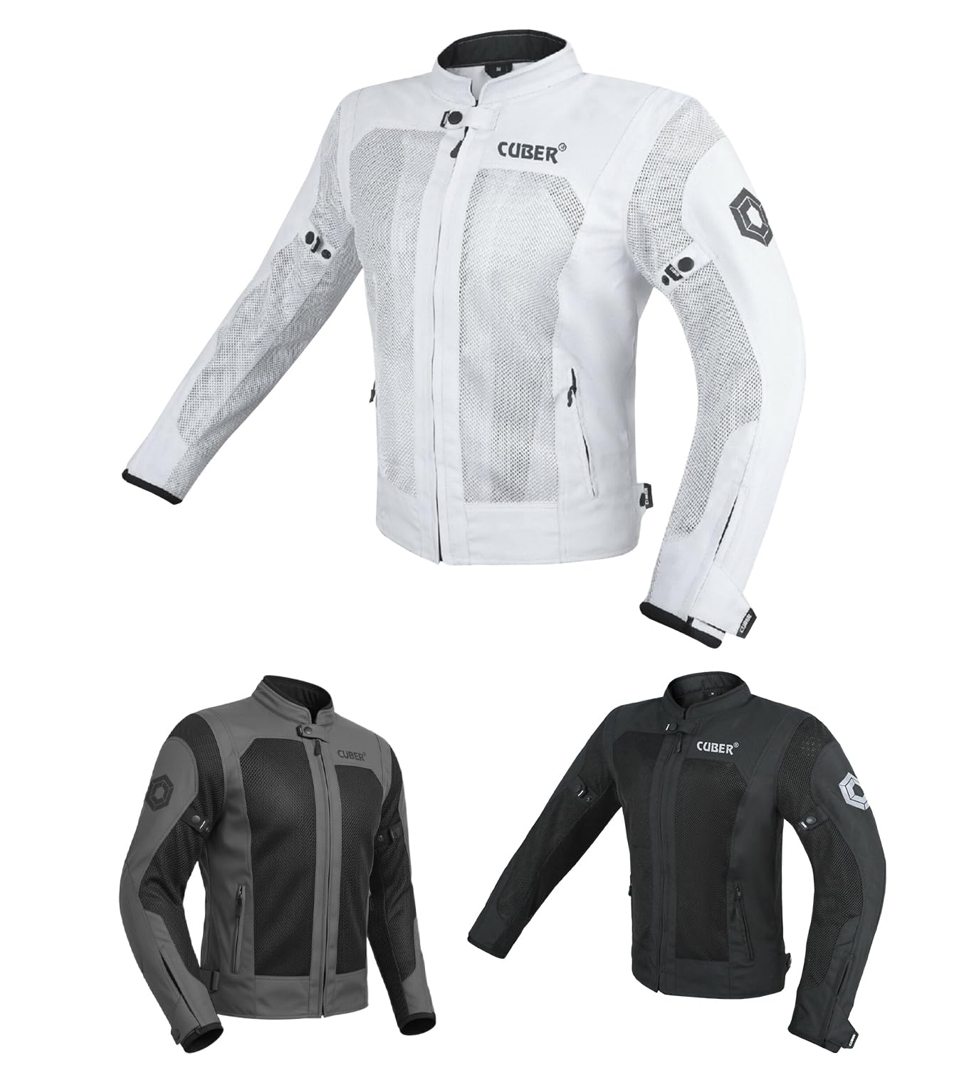 CUBER HI VIS BREATHABLE MESH MOTORCYCLE JACKET RIDING MENS CE ARMOR BIKERS RACING GEAR, DUAL SPORTS PROTECTIVE (WHITE, LARGE)