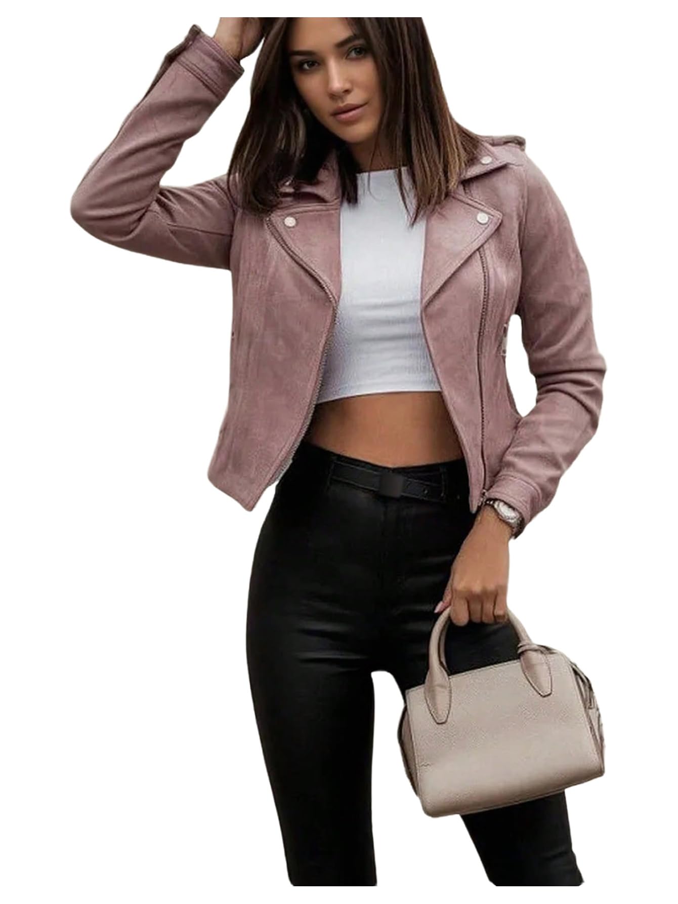 winkbay Women's Faux Suede Motorcycle Jacket Vintage Zip Up Lapel Collar Casual Biker Bomber Jackets Outerwear Light Pink Medium