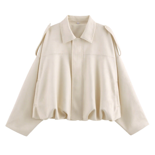 Xunger Women's Faux Suede Bomber Jacket Spring Lapel Pilot Coat Casual Oversized Long Sleeves Trendy Streetwear Outerwear(1026-01BeigePocket-L-RD)