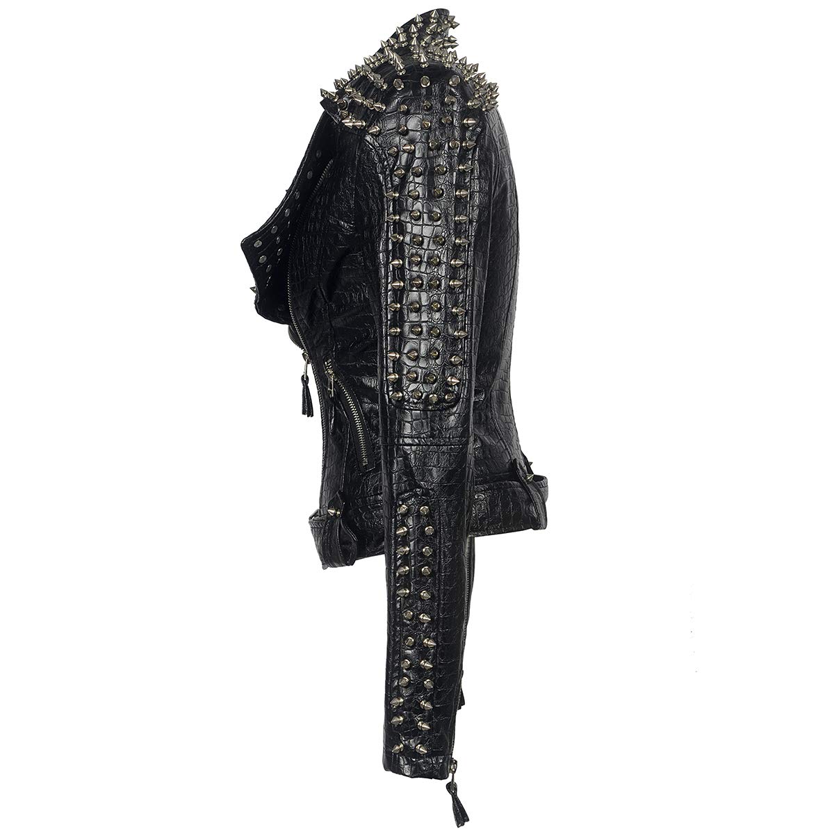 SX Women Punk Faux Leather PU Black Jacket Studded Rivet Fashion Streetwear Motorcycle Coat (L, Black)