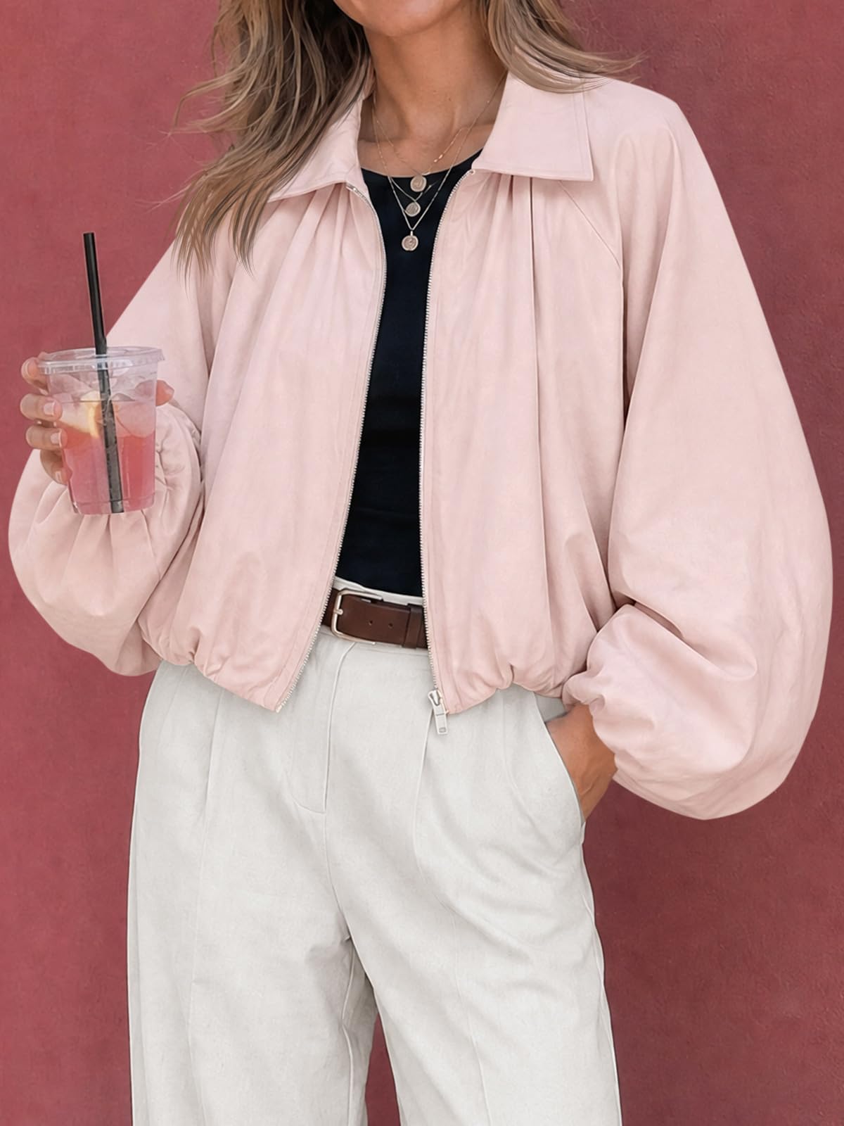 Tankaneo Womens Cropped Jackets Bomber Coat Fall Casual Zip Up Outerwear