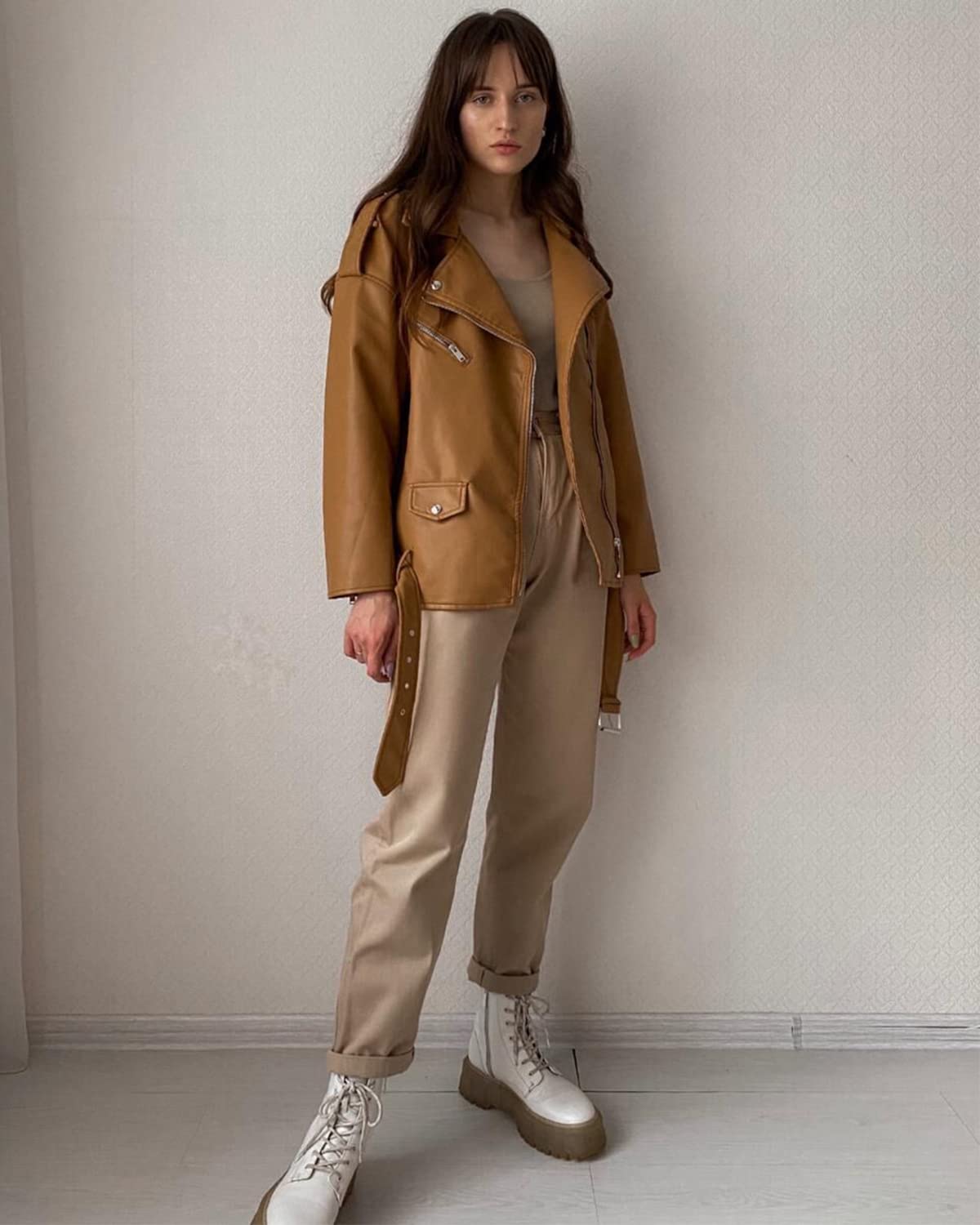 LY VAREY LIN Women Faux Leather Jacket Lapel Collar Motorcycle Zip Up Long Sleeve Motor Biker Short Coat Jacket (2123Brown, L)
