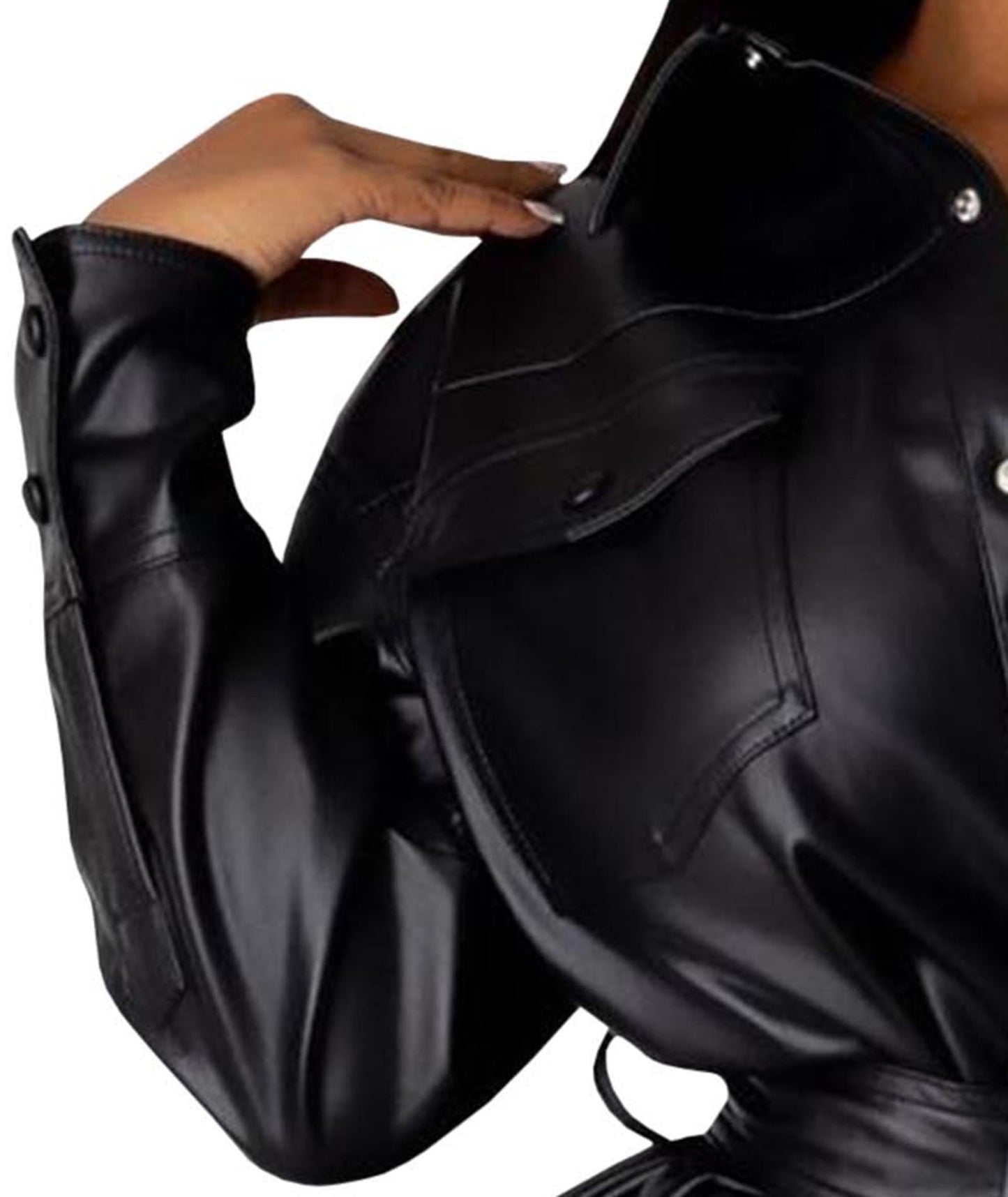 Sexyshine Women's Faux Leather Blouse Shirt Jacket Shacket Button Long Sleeve Lapel PU Leather Tunic Dress Moto Biker Shirt(31227BL,L) Black