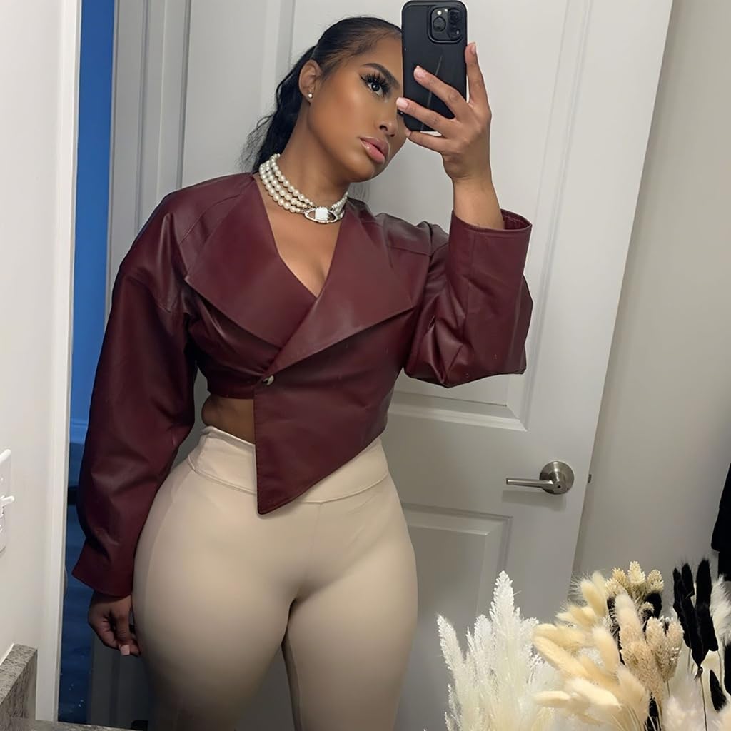 RISCUYY Burgundy Jacket Women Faux Leather Iregular Hem Crop Coat Trendy Long Sleeve Bomber Cropped Leather Jacket Women