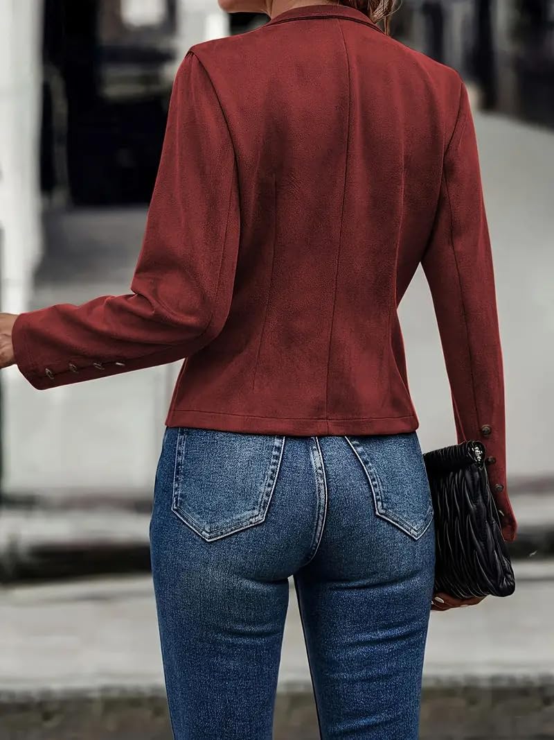 utcoco Women's Faux Suede Leather Jacket Casual Long Sleeve Blazer Jacket Coat 2025 Fall Outfits (Medium, Red)