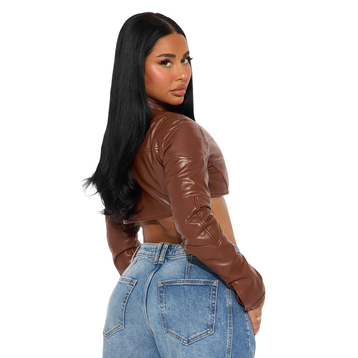 Charyeah Women's Faux Leather Jacket Cropped Leather Jacket Women Bomber Motorcycle Jacket y2k Jacket (US, Alpha, Small, Regular, Regular, Brown)