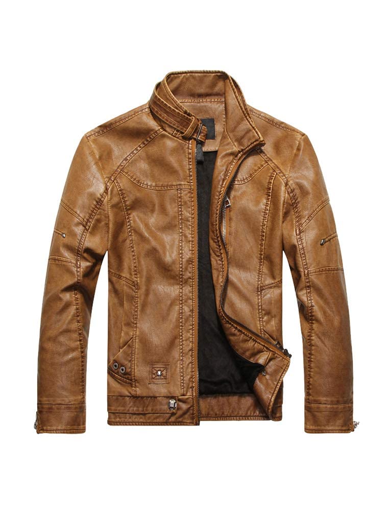 PASOK Men's Faux Leather Jacket Vintage Stand Collar Motorcycle PU Leather Outwear Coat 8822 Brown L