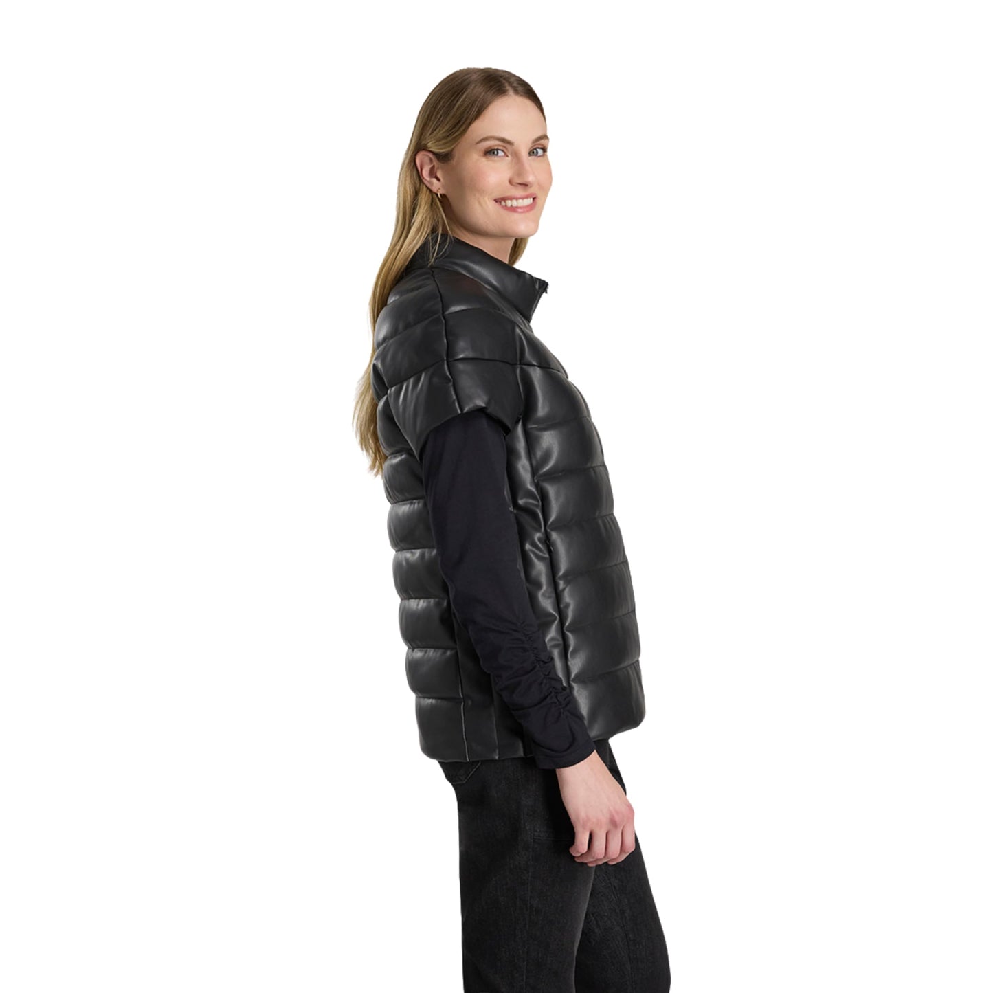 Martha Stewart Women's PU Quilted Puffer Vest, Lightweight Down Outerwear, Sleeveless Faux Leather Zip Up, Black, L