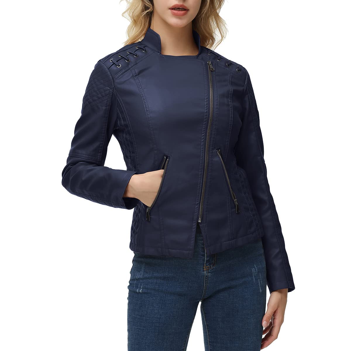 MODFUL Women's Faux Leather Moto Jacket Casual Short Solid Color PU Biker Coat with Pockets(Navy,Large)