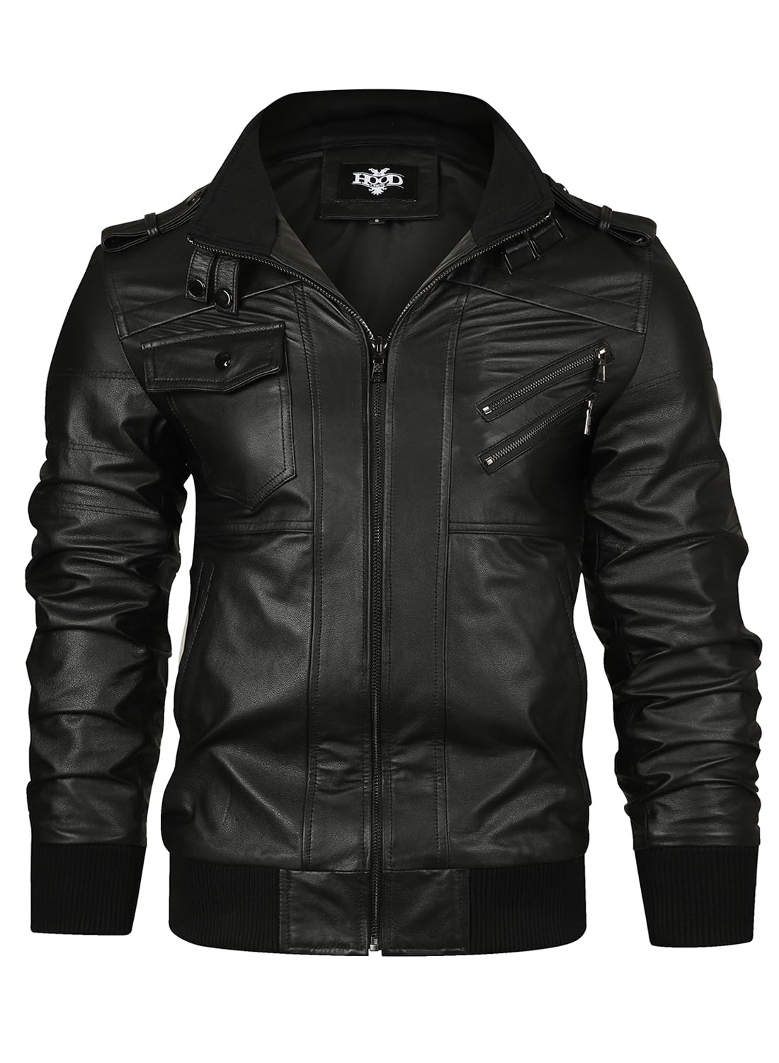 HOOD CREW Men’s Genuine Cowhide Leather Jacket Black Hooded Motorcycle Biker Jacket for Men