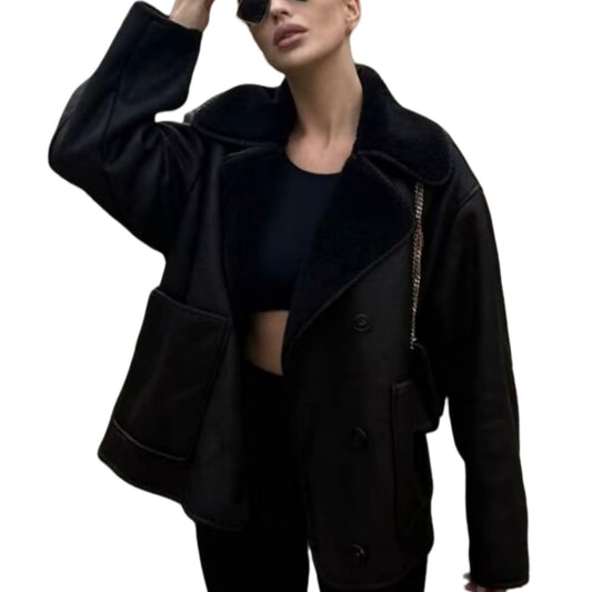 Perbai Women's Lapel Fleece Lined Single Breasted Faux Suede Jacket Oversized Leather Trucker Coat(Black-L)