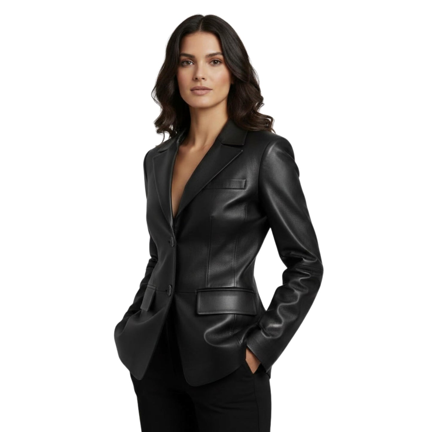 Classic Black Real Leather Blazer Jacket Women Tailored Two Button Closure Notch Lapel Structured Fit Smart Casual Style (US, Alpha, Large, Regular, Regular, Black)