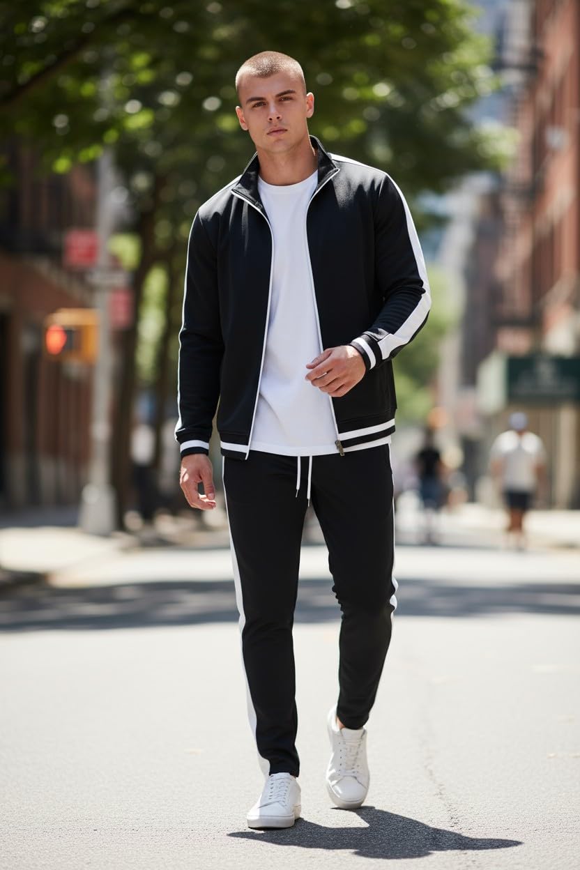 SCREENSHOT SCREENSHOTBRAND-51700 Mens Urban Hip Hop Premium Track Jacket - Slim Fit Side Taping Basic-Black-XLarge