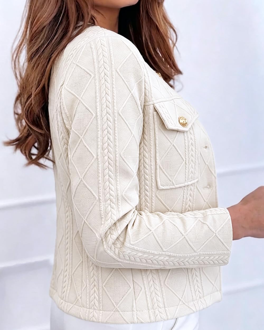 CHICME Womens Bomber Jacket Lightweight Argyle Cable Knit Coat-Beige-Medium