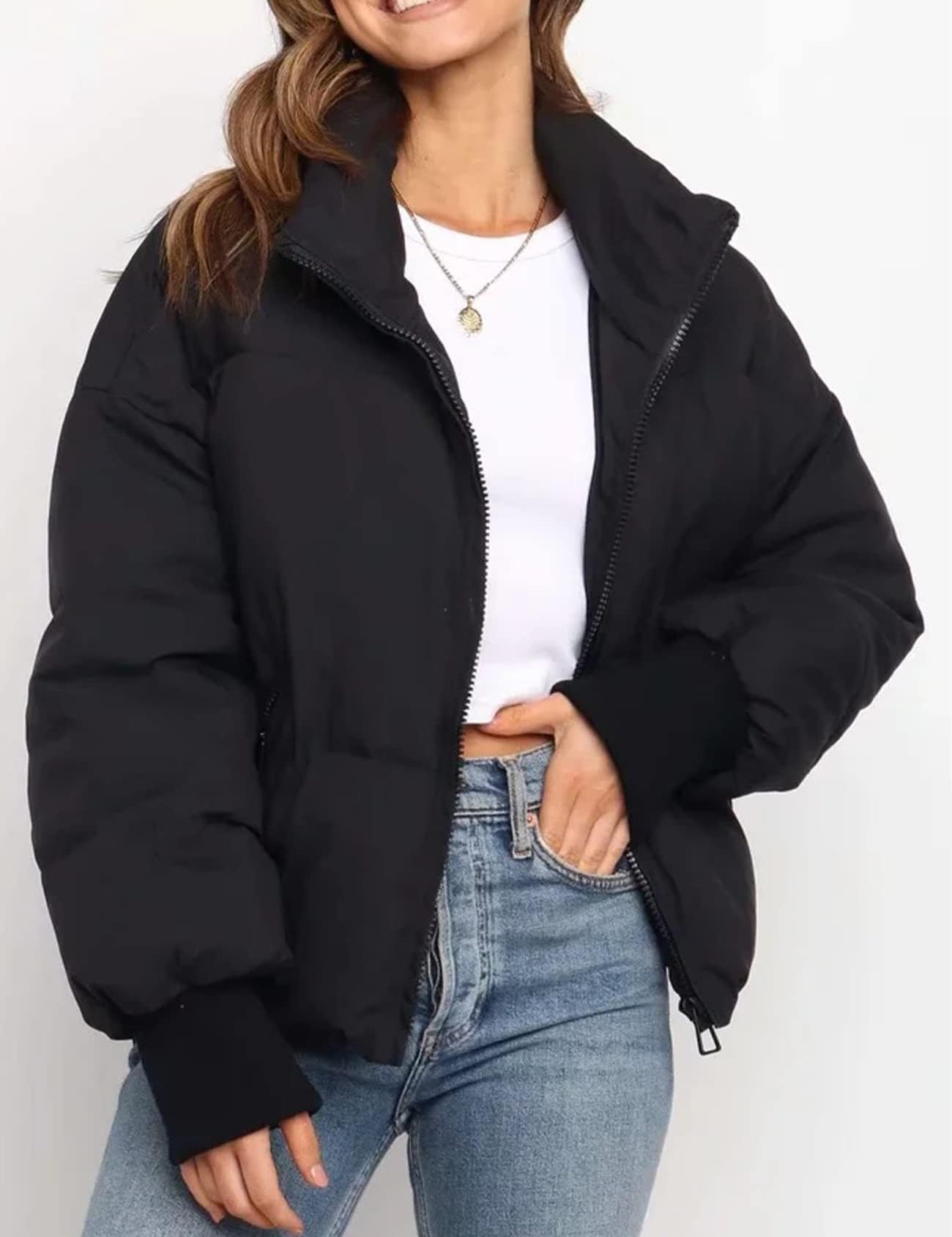Gihuo Women’s Winter Cropped Puffer Jacket Coat Short Warm Quilted Jacket (Large, Black)