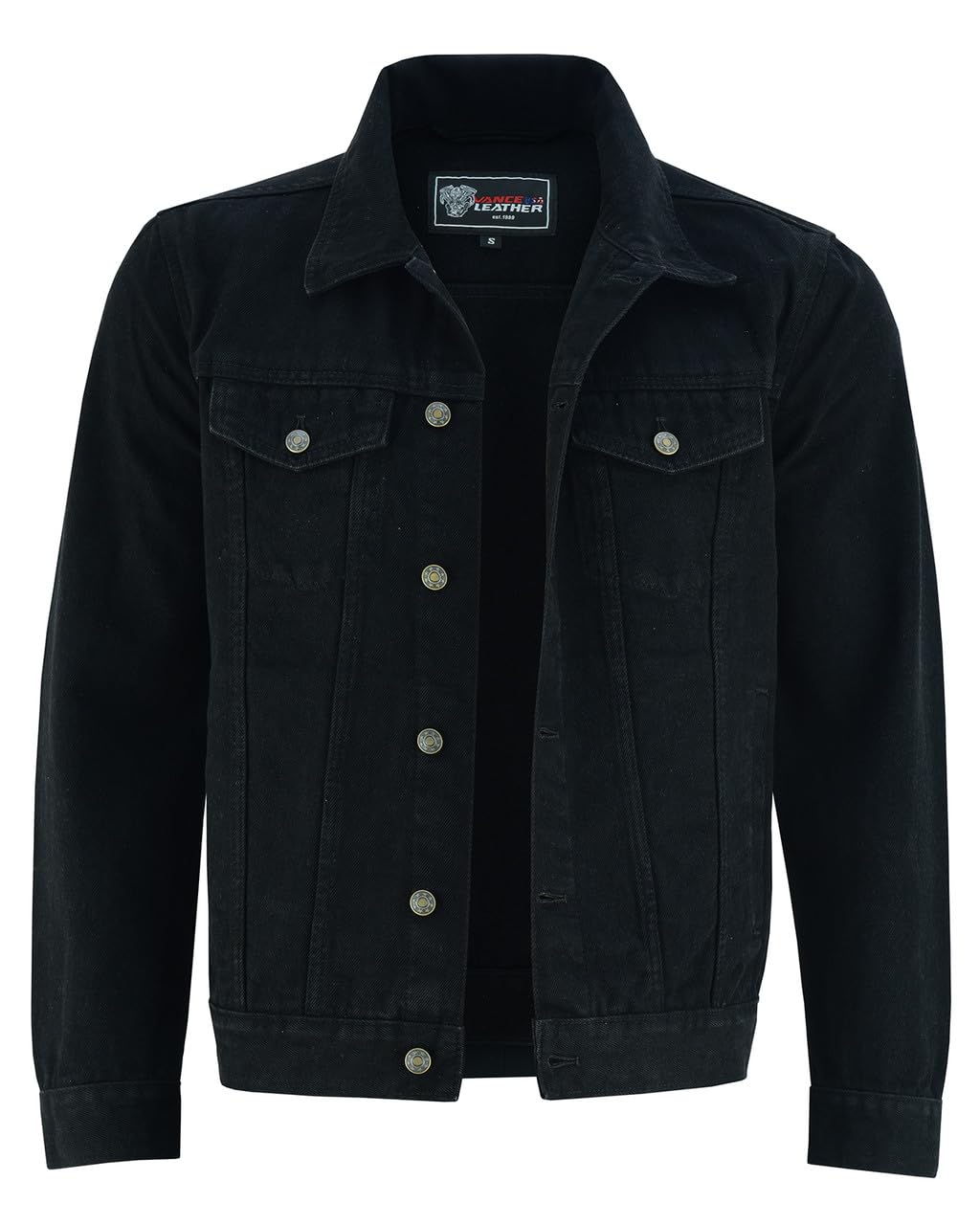 Vance VB510BK Men's Black Heavy Duty Trucker Denim Button Front Motorcycle Jacket (Black, XL)