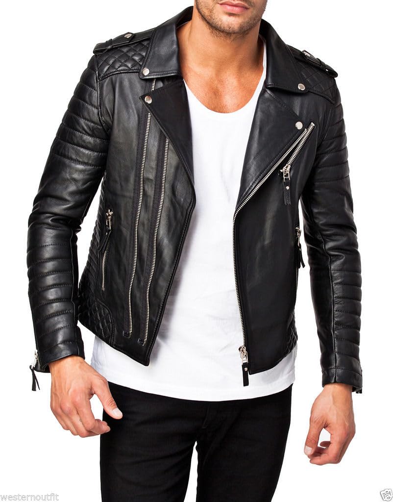 DECIMAL Men's Black REAL Lambskin Leather Biker Jacket VINTAGE GENUINE MOTORCYCLE JACKETS FOR MEN (US, Alpha, Medium, Regular, Regular, C BLACK)