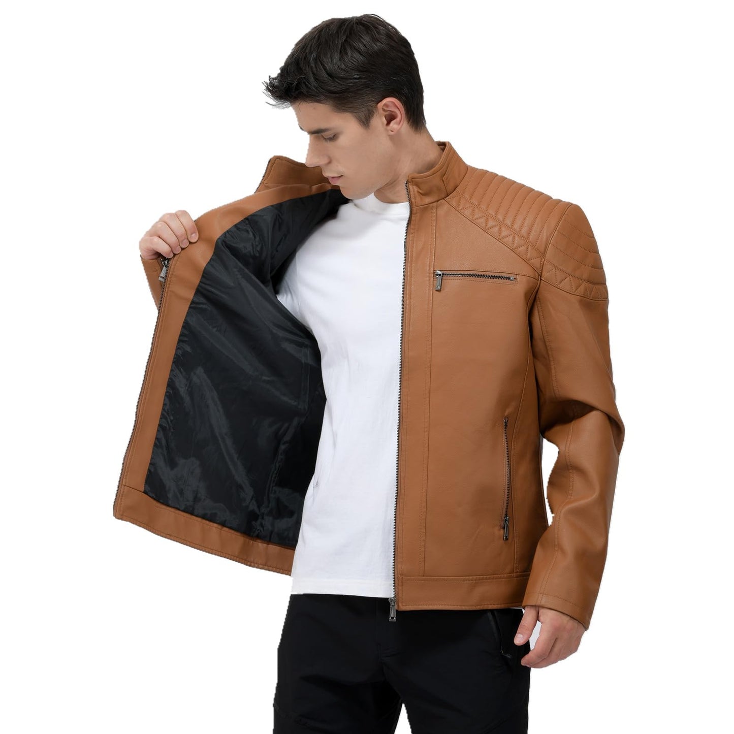 LEDUNTINO Men's Leather Jacket, Stand Collar PU Faux Leather, Zip-Up Motorcycle Bomber Jacket, Slim Fit Biker Coat Brown Large