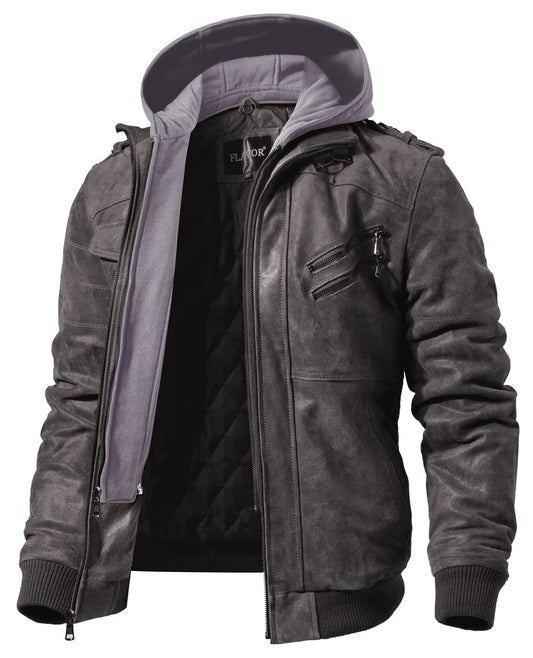 FLAVOR Men Brown Leather Motorcycle Jacket with Removable Hood (Large, Gray)