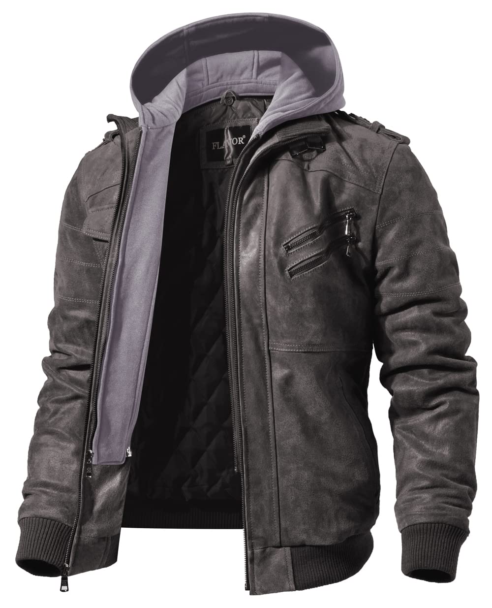 FLAVOR Men Brown Leather Motorcycle Jacket with Removable Hood (Medium, Gray)