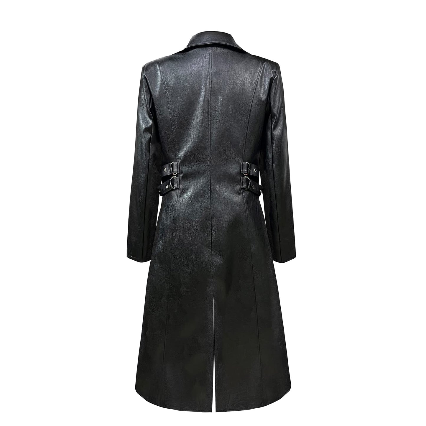 TZMAPU Men's Faux Leather Motorcycle Trench Coat Black Long Punk Jacket (Black，Medium)