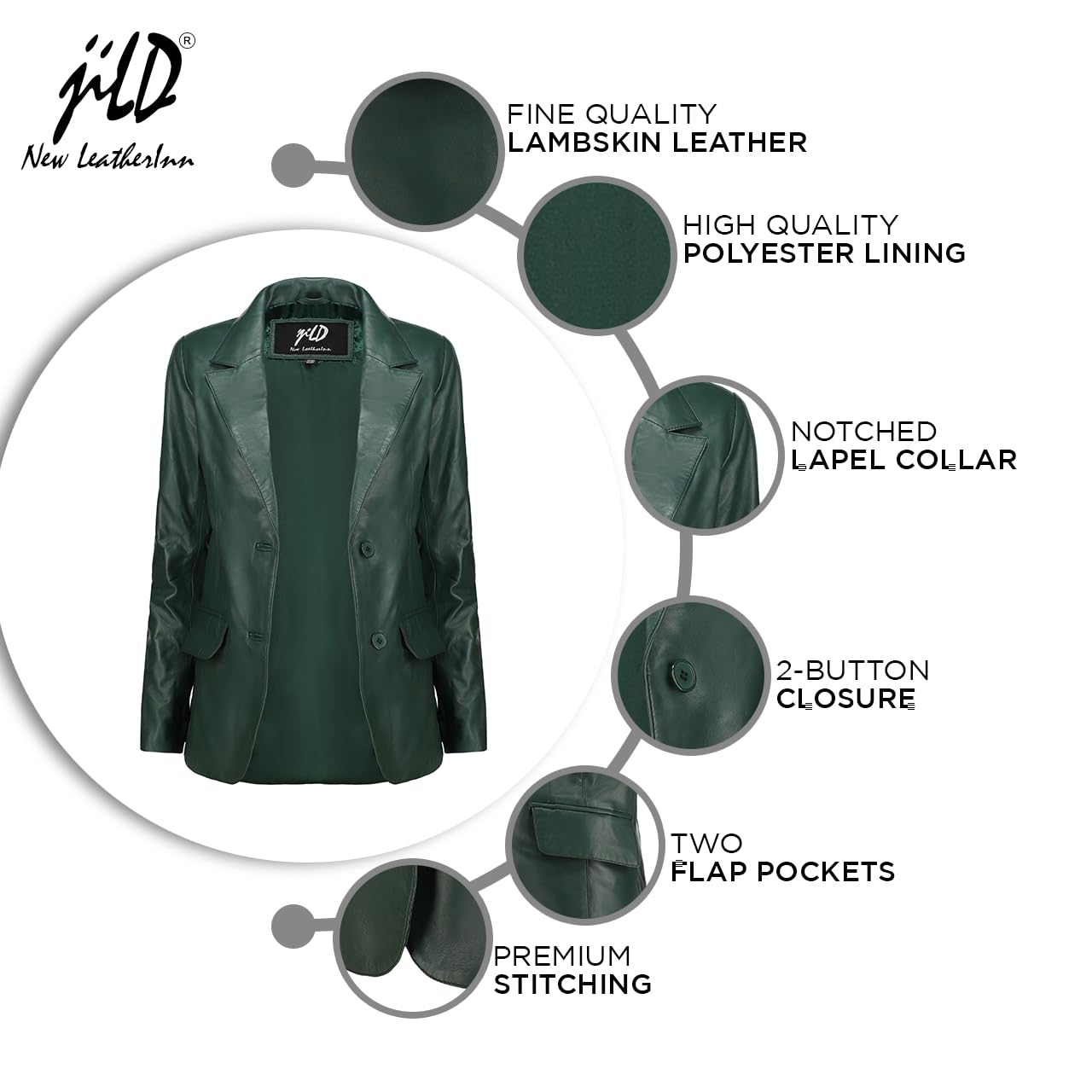 Jild Classic 2-Button Lambskin Leather Blazer Women - Casual Coat Long Sleeves Suit Style Leather Jacket Women (LC-GREEN-L)