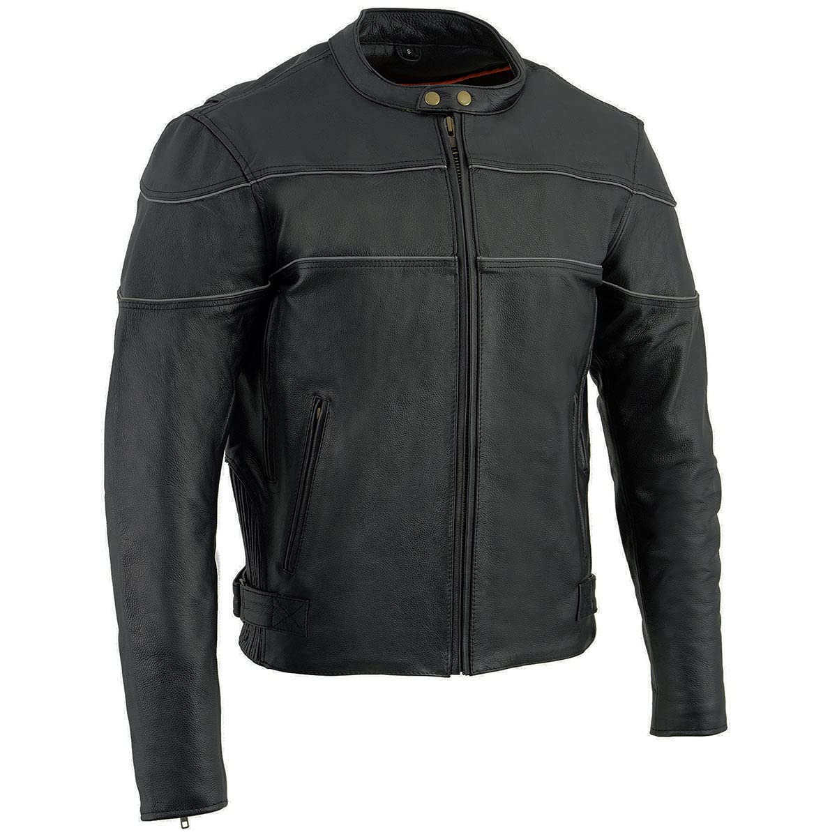 Milwaukee Leather SH1785 Men's Black Leather Scooter Style Motorcycle Jacket w/Side Stretch and Reflective Piping - Large