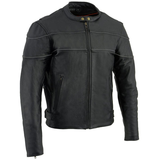 Milwaukee Leather SH1785 Men's Black Leather Scooter Style Motorcycle Jacket w/Side Stretch and Reflective Piping - Large