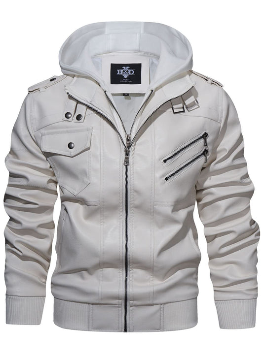 HOOD CREW Men’s Casual Stand Collar PU Faux Leather Zip-Up Motorcycle Bomber Jacket With a Removable Hood White L