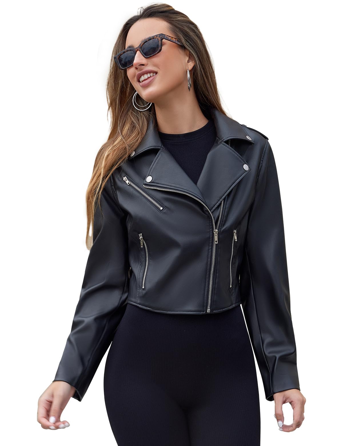 Athlemo Womens Faux Leather Motorcycle Jackets Classical Black PU Slim Short Biker Coats 02 Black XL