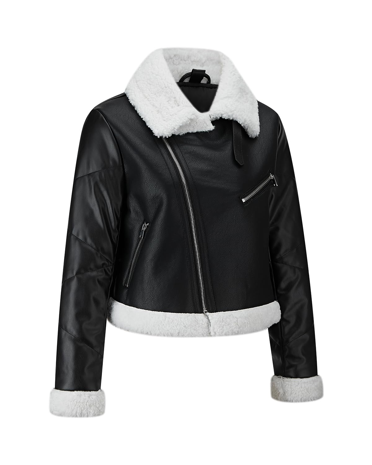 WYOYW Women Puffer Leather Jacket Patchwork Faux Fur Lined Coat Moto Biker Faux Leather Jacket Black White M