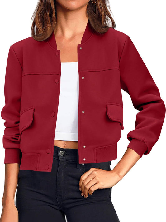 Tankaneo Womens Cropped Bomber Jackets Casual Button Down Long Sleeve Stand Collar Varsity Shacket Coats