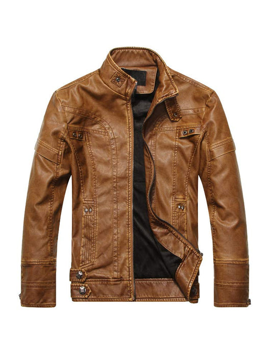 PASOK Men's Faux Leather Jacket Vintage Stand Collar Motorcycle PU Leather Outwear Coat Brown L