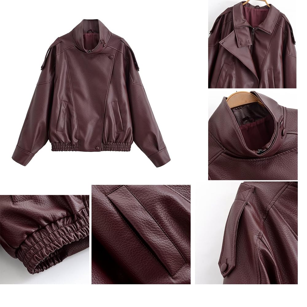 Molilove Women's Leather Jacket Casual Fall Zipper Jacket Racer Varsity Jackets Biker Moto Bomber Jacket Coat